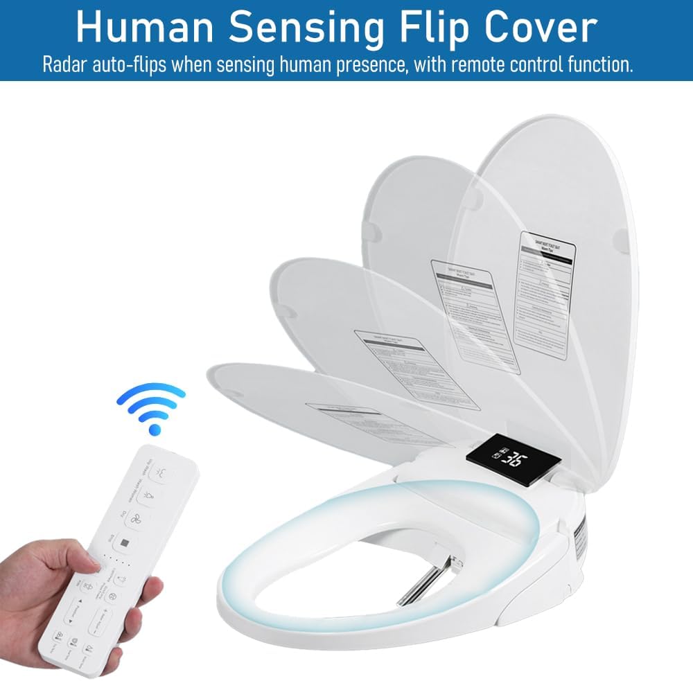 Electric Bidet Toilet Seat, Elongated Heated Toilet Seat with Instant Warm Water & Dryer, Self-Cleaning Nozzle, Automatic Flip Cover and Remote Control, Bidet Attachment for Toilets (White)