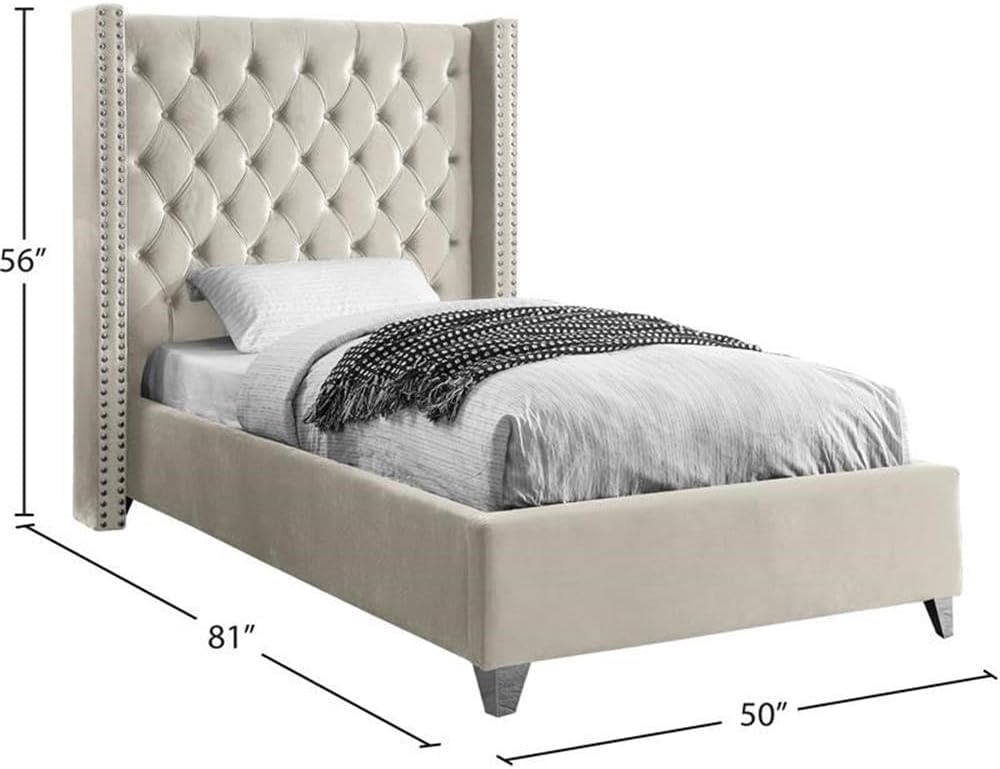 Meridian Furniture Aiden Collection Modern | Contemporary Velvet Upholstered Bed with Deep Button Tufting, Solid Wood Frame, and Custom Chrome Legs, Twin, Cream