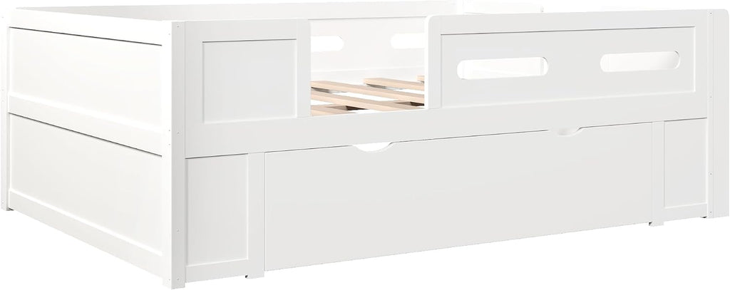 VilroCaz Modern Full Size Platform Bed with Guardrail and Large Drawer, Wood Kids Platform Bed Frame with Two-Step Ladder for Boys Girls, Sturdy Slats Support (White-1.12F)