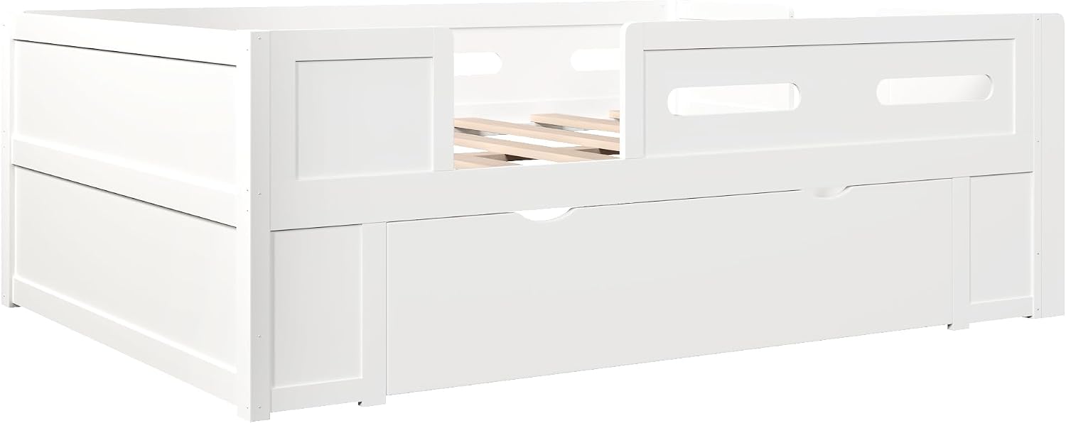 VilroCaz Modern Full Size Platform Bed with Guardrail and Large Drawer, Wood Kids Platform Bed Frame with Two-Step Ladder for Boys Girls, Sturdy Slats Support (White-1.12F)