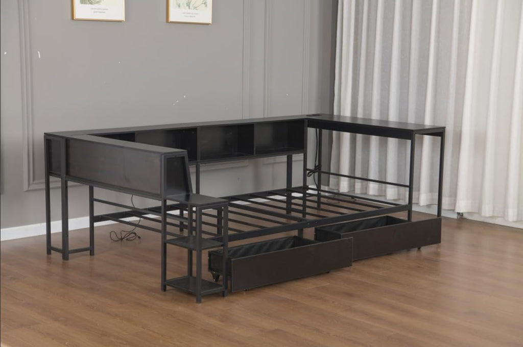 Bellemave Twin Corner Bed Frame with Desk and Storage, Twin Captains Beds with Charging Station,LED Light, Wood Daybeds with L-Shaped Bookcase and 2 Drawers, Black