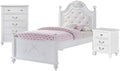 Pemberly Row Contemporary 4 Piece Twin Platform Bedroom Set, Solid Rubber Wood with White Faux Leather Headboard, Trundle Storage, Crystal Ball Posts, Bow Moldings, Bedroom Furniture for Kids or Teens