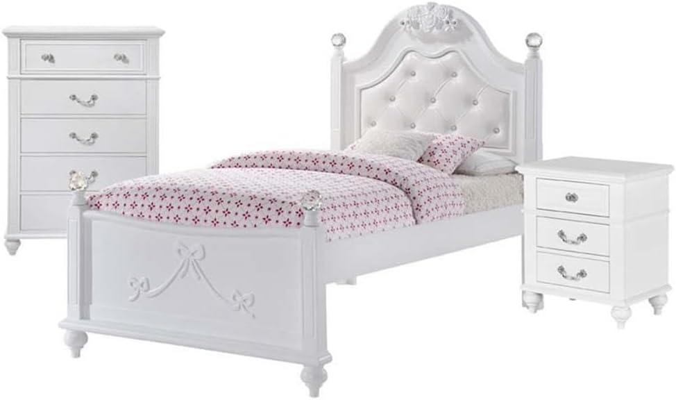 Pemberly Row Contemporary 4 Piece Twin Platform Bedroom Set, Solid Rubber Wood with White Faux Leather Headboard, Trundle Storage, Crystal Ball Posts, Bow Moldings, Bedroom Furniture for Kids or Teens