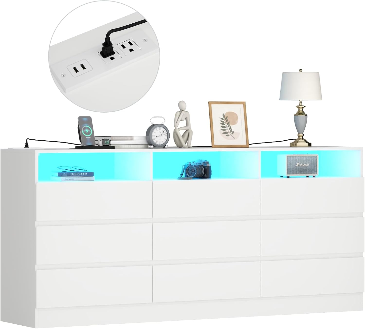 Gyfimoie 9 Drawer Double Dresser with Power Outlet, Accent Chests of Drawers with LED Light, Modern White Storage Dresser with Charging Station (Mirror Not Included) (9 Drawers-White)