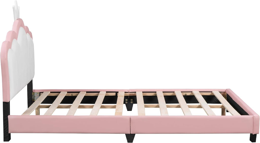 Merax Kid Full Upholstered Day Bed Frame with Crown Headboard, Wood Princess Low Platform Bed for Boys Girls,Easy Assemble White/Pink