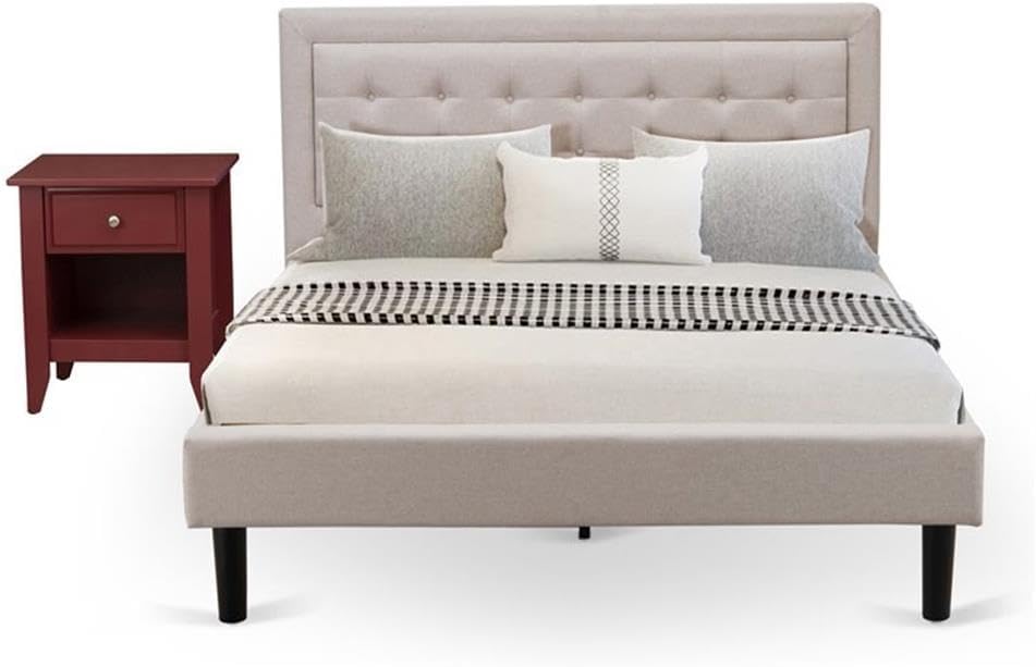 East West Furniture FN08Q-1GA13 2-Piece Fannin Bedroom Furniture Set with 1 Queen Bed and an End Table - Reliable and Sturdy Construction - Mist Beige Linen Fabric