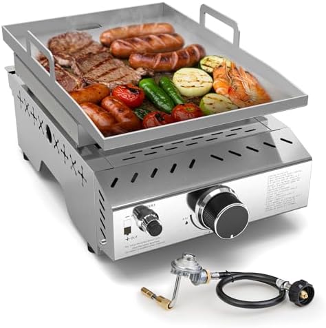 Portable Propane Griddle, 8000BTU Stainless Steel Gas Grill, One-Burner Flat Top Grill for Tailgating, Camping, BBQ, RVs, Patio Cooking