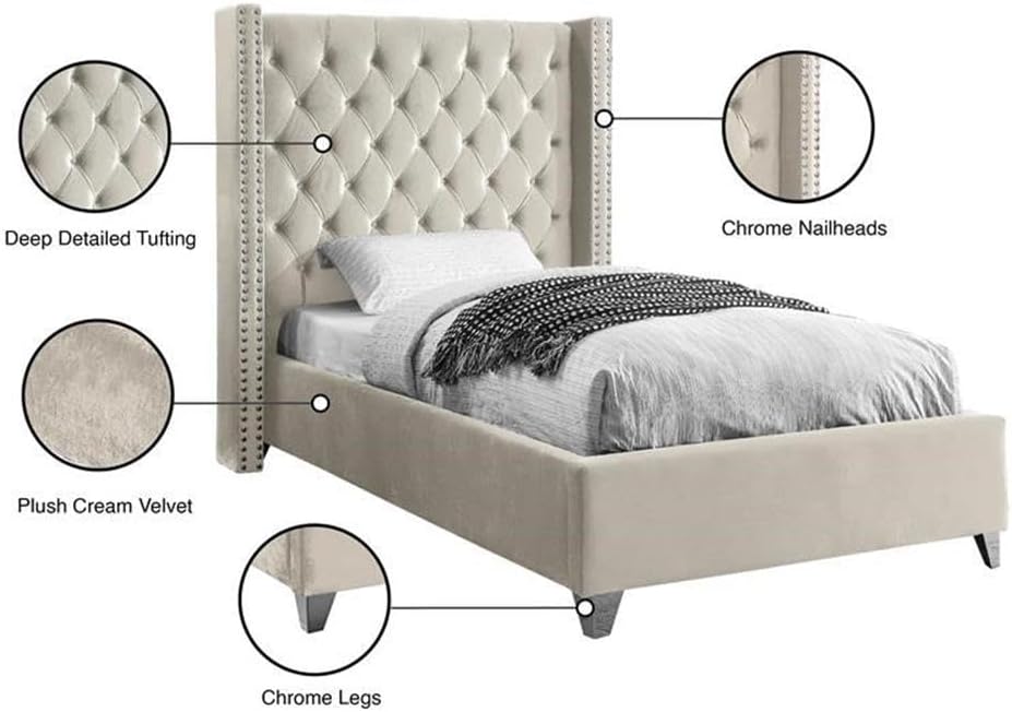 Meridian Furniture Aiden Collection Modern | Contemporary Velvet Upholstered Bed with Deep Button Tufting, Solid Wood Frame, and Custom Chrome Legs, Twin, Cream