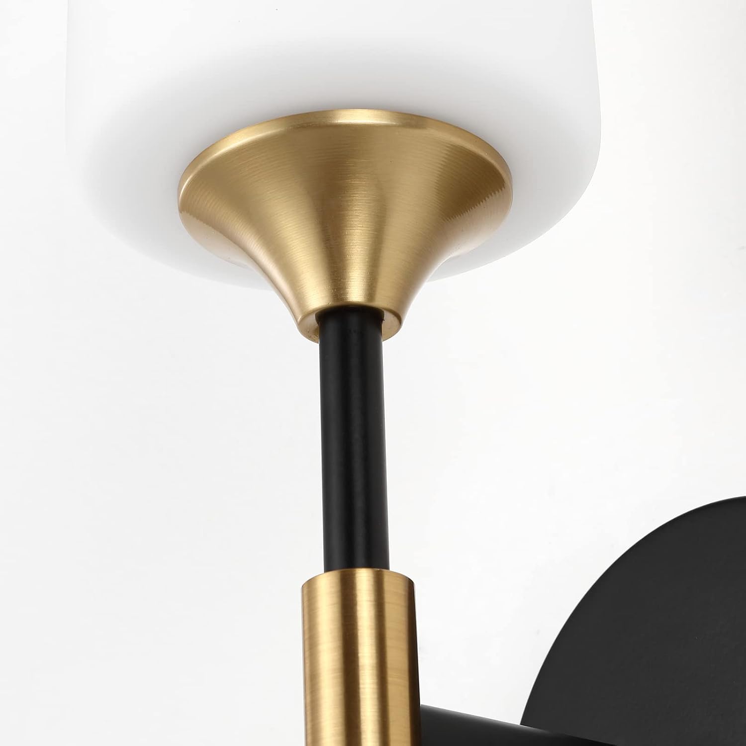 BYOLIIMA Industrial Mid Century Wall Sconce Set of 2 with White Cylinder Glass Shades Modern Bathroom Vanity Wall Lamp Black and Gold Finished Wall Light Fixture