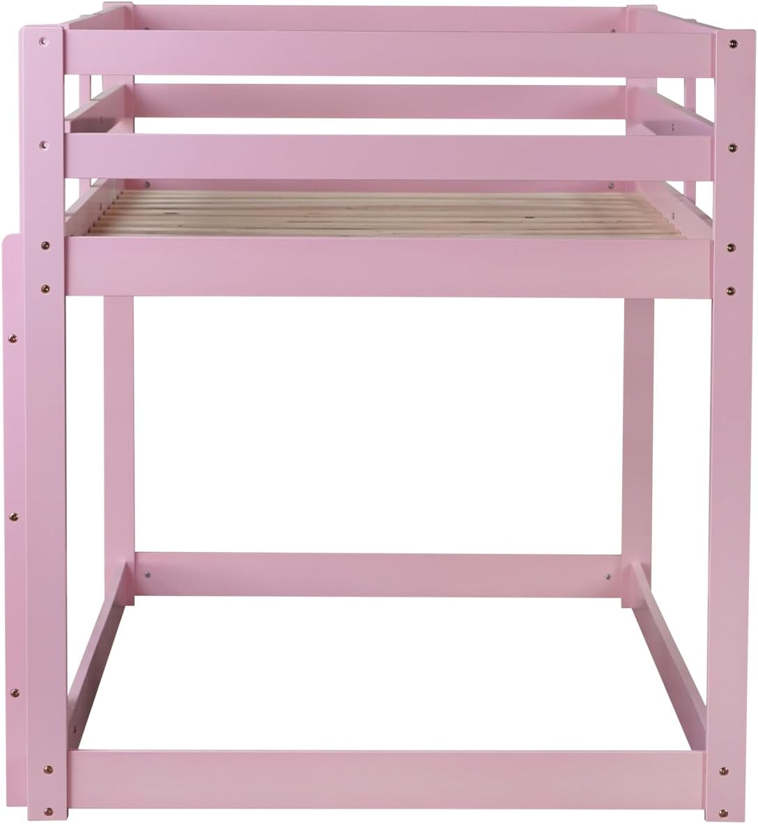 Bunk Bed Twin Over Twin, Floor Bunk Bed with Ladder, Safety Guard Rails, Heavy Duty Wooden Twin Bunk Beds Frame Low Bunkbeds No Box Spring Required, Pink