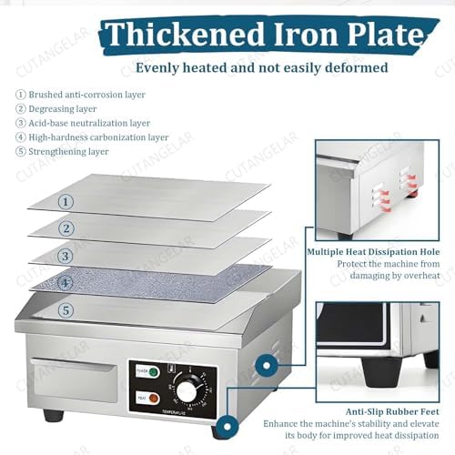 Commercial Electric Flat Top Griddle - 3000W Stainless Steel, Adjustable Temp Control 122-572°F, Large Non-Stick Surface, Ideal for Pancakes, BBQ, and Restaurants.