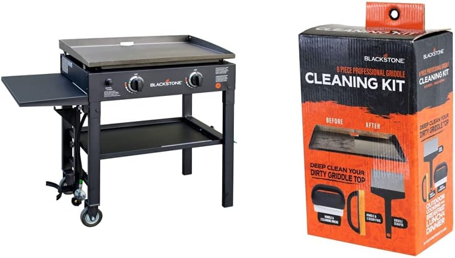 Blackstone Flat Top Gas Grill Griddle 2 Burner Propane Fuelled & 5060 Grill & Griddle Kit 8 Pieces Premium Flat Top Grill Accessories Cleaner Tool Set-1 Stainless Steel 6' Scraper, 3 Scouring Pads