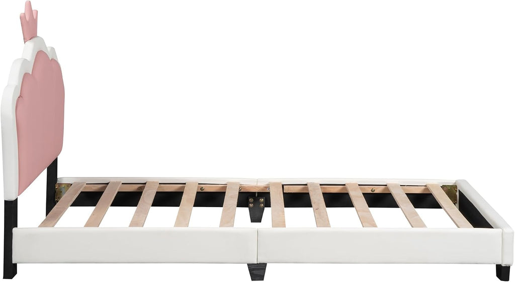 Merax Kids Twin Upholstered Day Bed Frame for Boys Girls, Wood Platform Bed with Crown Headboard, No Box Spring Needed White+Pink