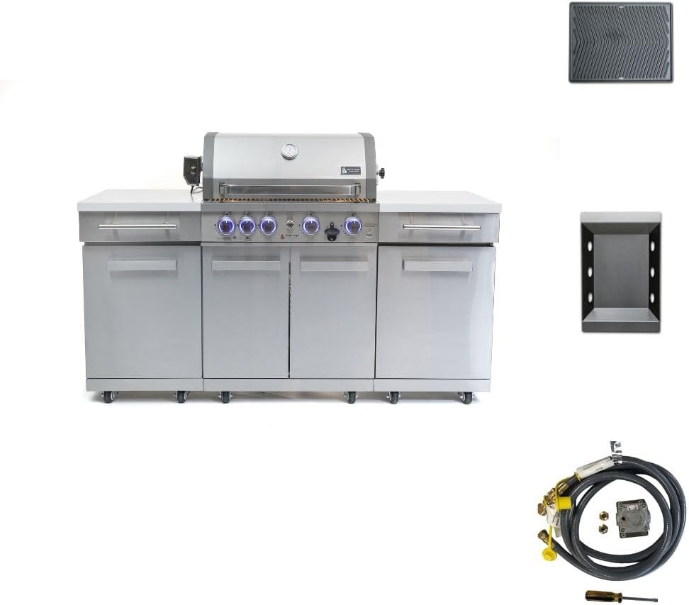 Mont Alpi Premium 70'W x 24'D x 46'H Stainless Steel Outdoor Kitchen Island with 32'W 4-Burner BBQ Grill plus Accessory Bundle - Natural Gas Conversion Kit + Dual Sided Griddle Plate + Charcoal Tray