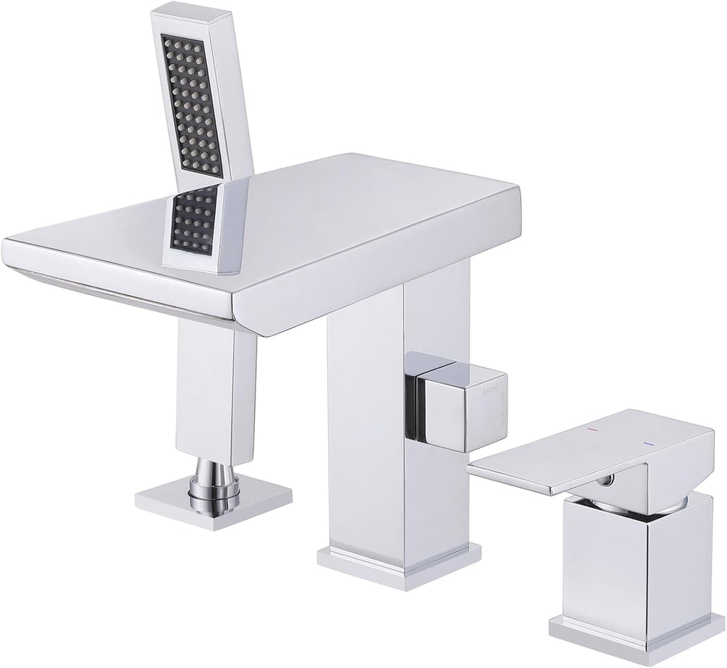 Waterfall Roman Tub Faucet with Hand Shower, Deck Mount Tub Filler Bathtub Faucet with Sprayer, Brass Widespread 3 Hole Bathtub Shower Faucet Set, Chrome