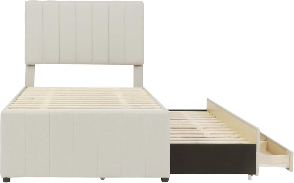 Merax Twin Size Upholstered Platform Bed with Trundle and 3 Storage Drawers, Twin Bed Frame & Tall Stripe Headboard for Bedroom, Solid Wood Slats Support, No Box Spring Needed, Easy Assembly, Beige