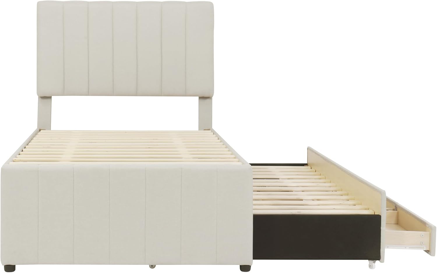 Merax Twin Size Upholstered Platform Bed with Trundle and 3 Storage Drawers, Twin Bed Frame & Tall Stripe Headboard for Bedroom, Solid Wood Slats Support, No Box Spring Needed, Easy Assembly, Beige