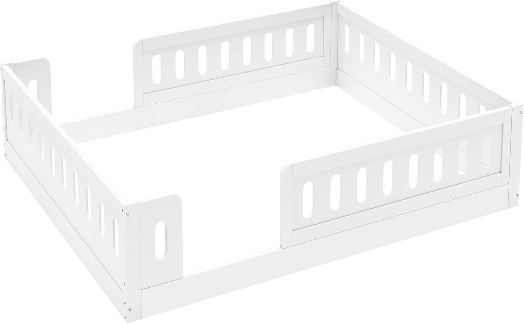 Platform Bed with Guardrails,Wood Floor Bed Frame for Bedroom,No Box Spring Needed (White, Full Size)