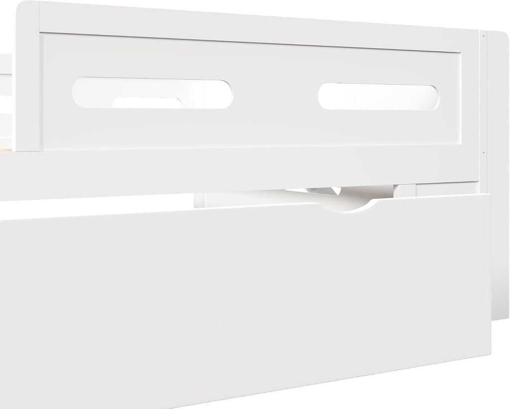 VilroCaz Modern Twin Size Platform Bed with Guardrail and Large Drawer, Wood Kids Platform Bed Frame with Two-Step Ladder for Boys Girls, Sturdy Slats Support (White-1.12T)