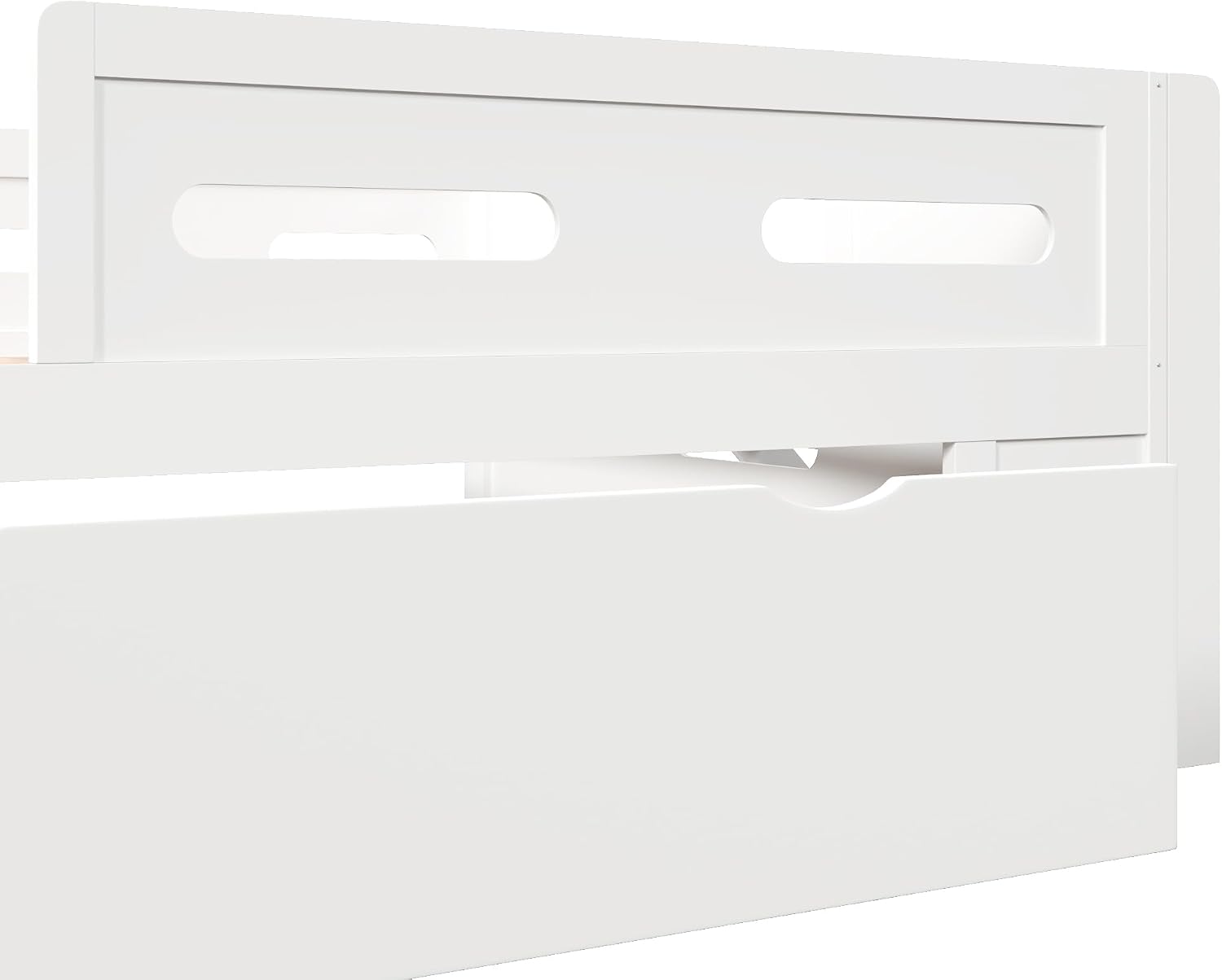 VilroCaz Modern Twin Size Platform Bed with Guardrail and Large Drawer, Wood Kids Platform Bed Frame with Two-Step Ladder for Boys Girls, Sturdy Slats Support (White-1.12T)