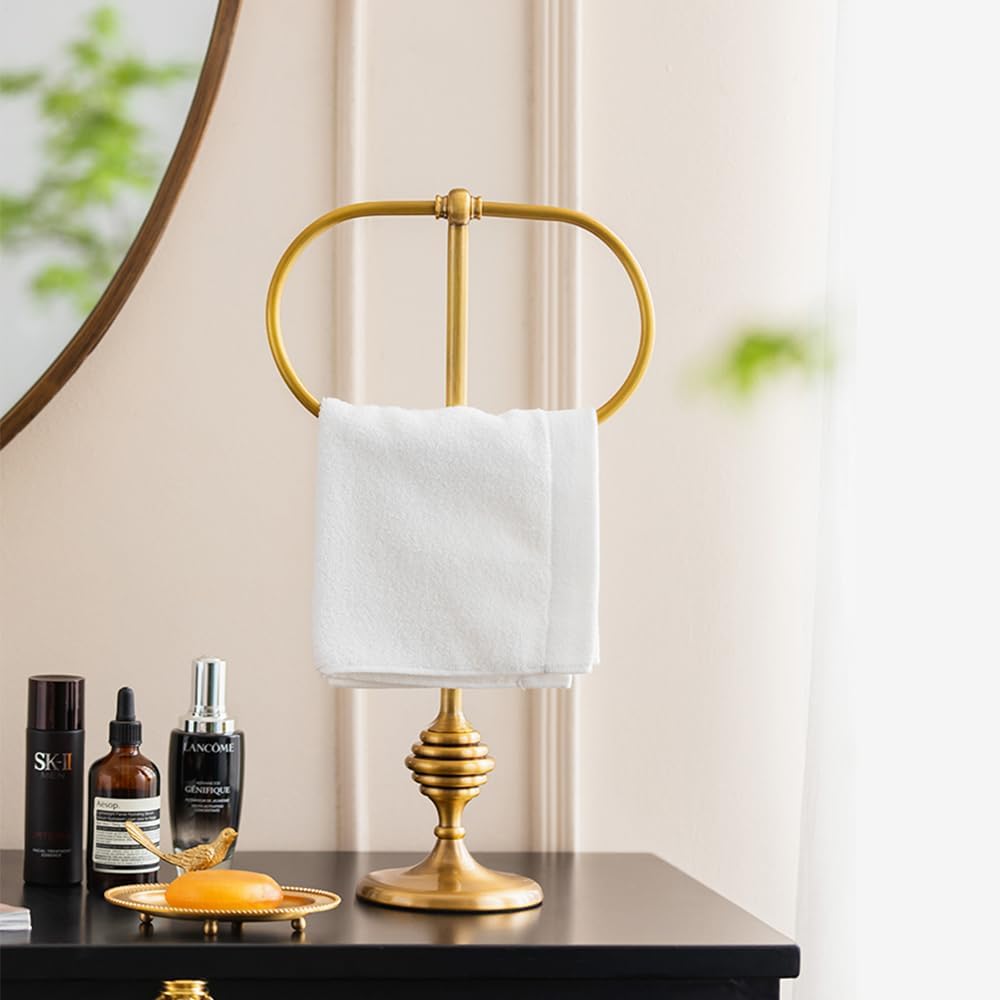 Brass Gold Freestanding Hand Towel Holder for Bathroom Countertop, Decorative Kitchen Towel Holder Stand (A)