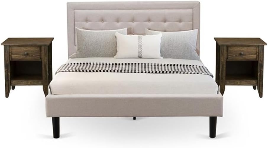 East West Furniture FN08Q-2GA07 3-Piece Fannin Bedroom Furniture Set with 1 Platform Bed Frame and 2 Bedroom Nightstands - Reliable and Durable Construction - Mist Beige Linen Fabric