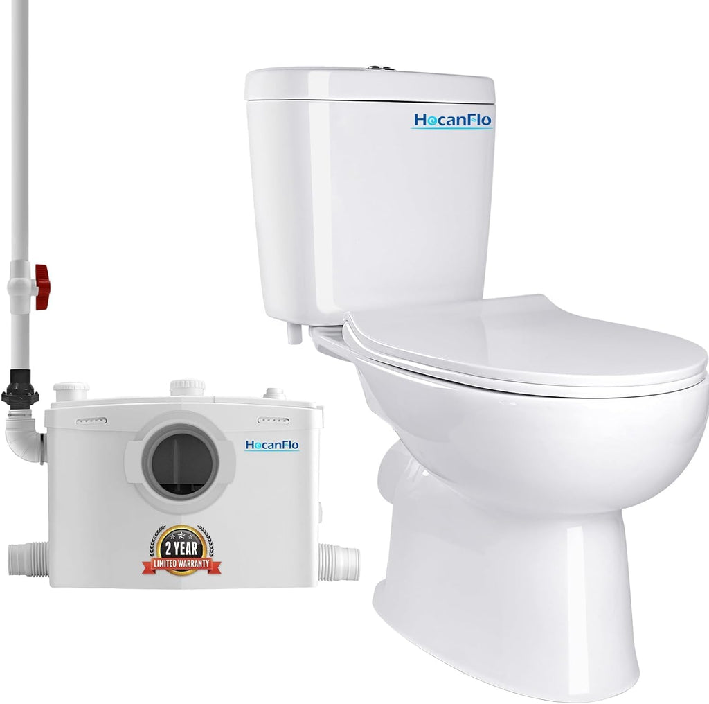 800W Upflush Toilet with Pump for Basement, Macerating Toilet System, Patented Top Access Panel, Two Piece Dual-flush Tank, 4 Inlets Macerator Grinder Sewage Pump, 36ft Head Lifting, CEC Approved