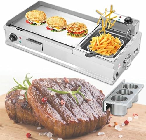 Extra Large Commercial Electric Griddles with Fryer, Stainless Steel Countertop Grill with Seasoning Rack for Cooking Pizza and More