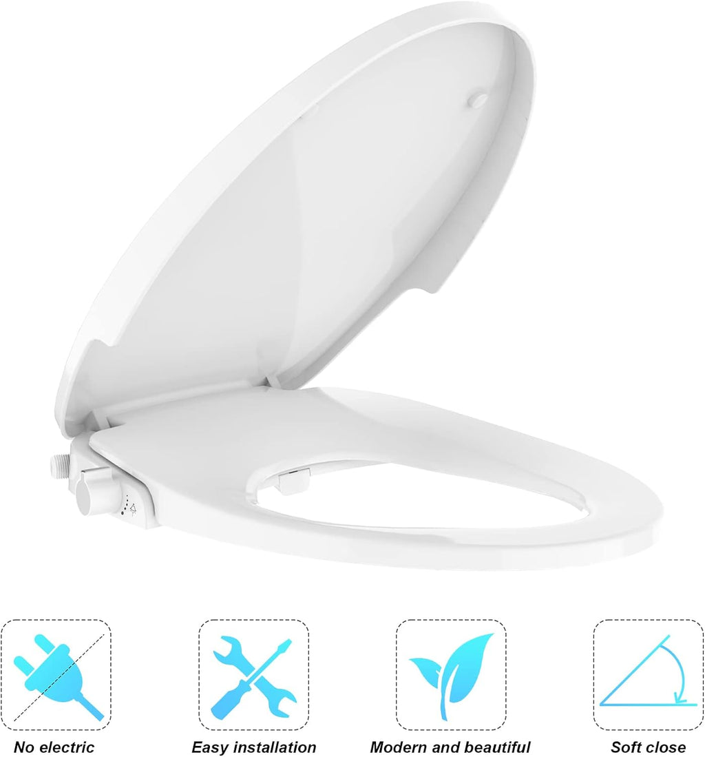 Non-Electric Bidet Seat with Slow-Close & Dual Self-Cleaning Nozzles – Universal Elongated Fit, Easy Installation