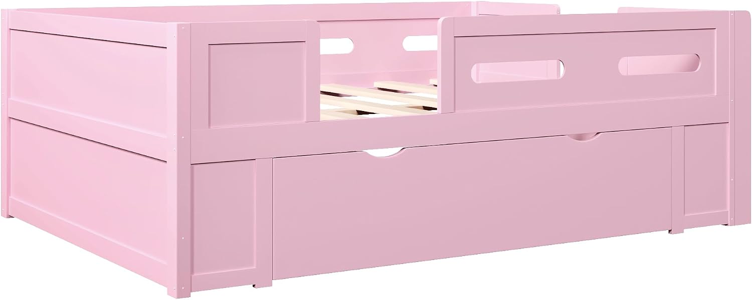 VilroCaz Modern Full Size Platform Bed with Guardrail and Large Drawer, Wood Kids Platform Bed Frame with Two-Step Ladder for Boys Girls, Sturdy Slats Support (Pink-1.12F)