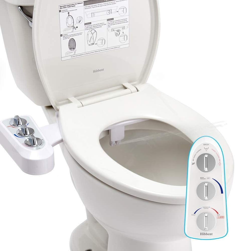 Hibbent Premium One Click Elongated Toilet Seat with Bidet Self Cleaning Dual Nozzle, Hot and Cold Water Spray, Non-Electric Mechanical Bidet