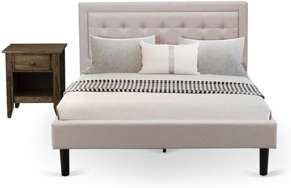 East West Furniture FN08Q-1GA0C 2-Piece Platform Queen Bed Set Furniture with 1 Queen Size Frame and a Mid Century Nightstand - Reliable and Durable Construction - Mist Beige Linen Fabric