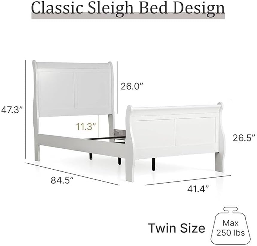 BOWERY HILL Transitional Solid Wood Twin Panel Bed, White Finish, 83.5' L x 41.38' W x 47.25' H, Sleigh Design, Curved Headboard and Footboard, Durable Kids Bedroom Furniture, Box Spring Required
