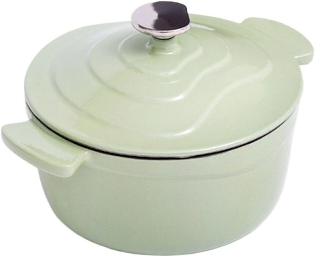 Home Use Dutch Oven for Bread Baking 1.6L Cast Iron Braiser with Lid Dual Handles Casserole Pot for Soup Ribs Waterless Cooking(Green)