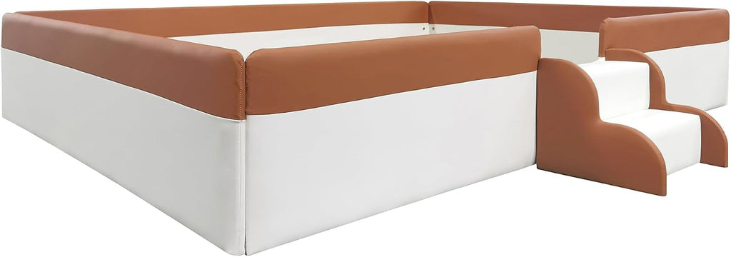VilroCaz Full Size Upholstered Daybed Frame with Fence and Stairs, Montessori Kids Floor Bed with Sturdy Slat Support for Kids Boys Girls (Brown+Full)