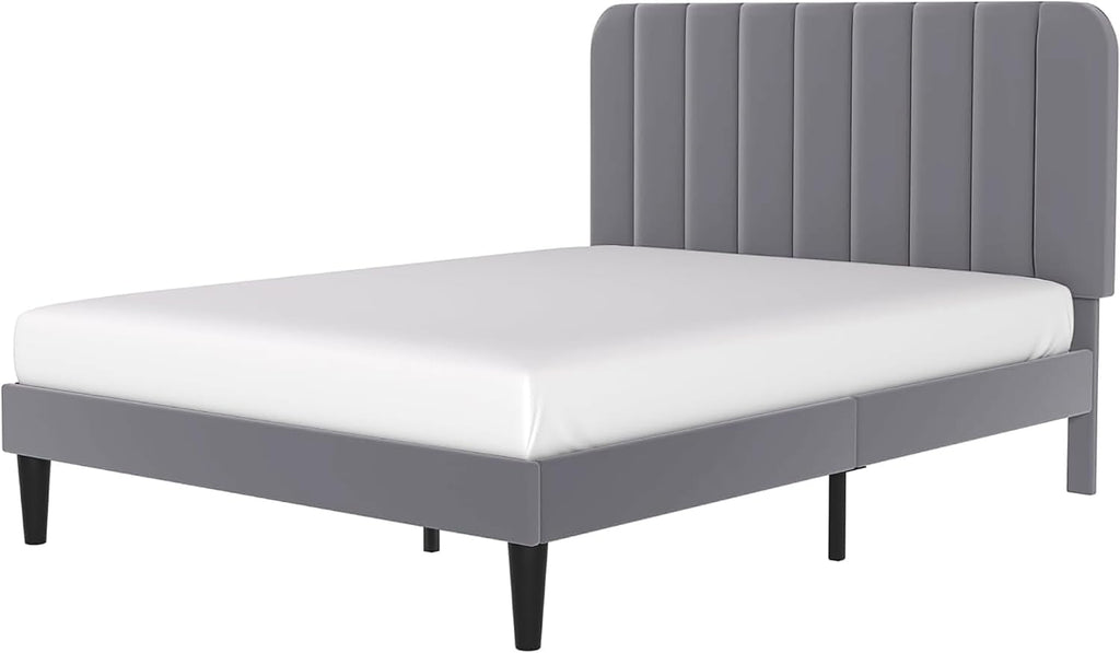 VECELO Full Size Upholstered Bed Frame with Adjustable Headboard, Velvet Platform Bedframe Mattress Foundation, Strong Wood Slat Support, No Box Spring Needed, Charcoal Grey