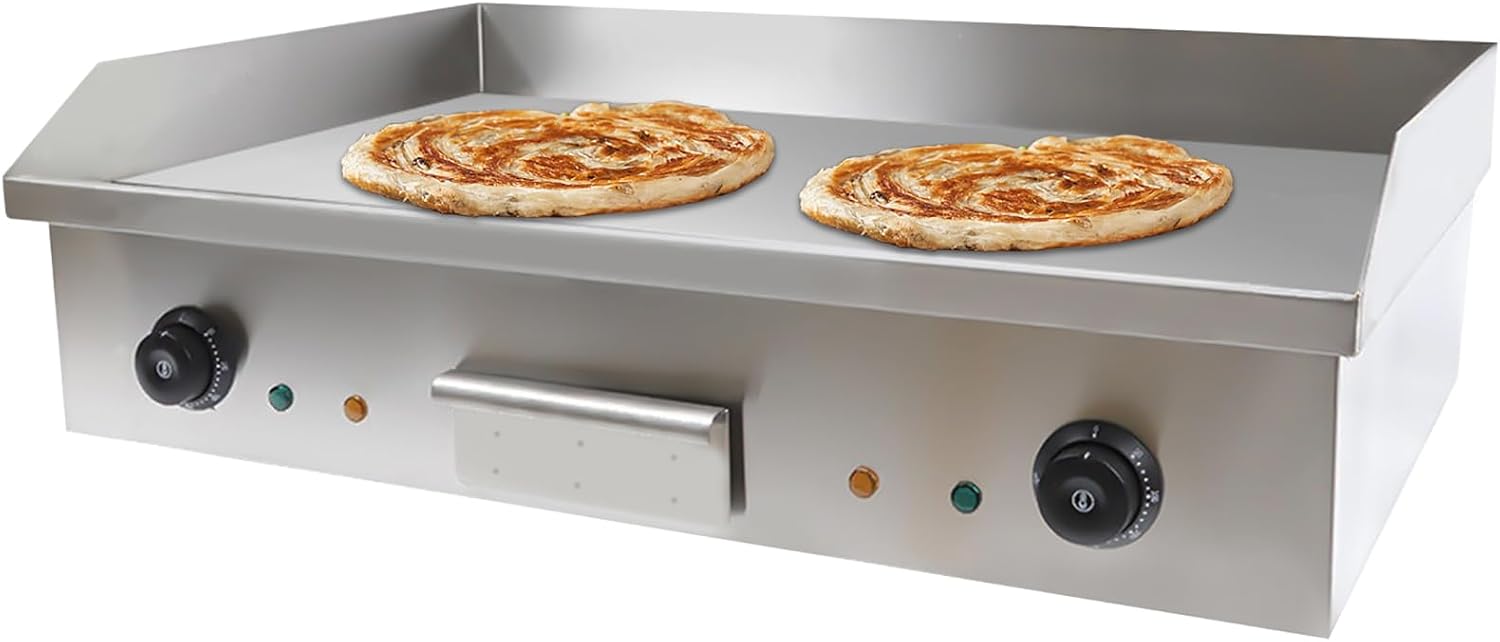 110V 3000W Electric Griddle Cooktop Temperature Adjustable 50-300℃, Thermostatic Double Control Commercial Flat Top Grill, BBQ Plate Grill for Home Kitchen Restaurant L28.62in xW15.75in xH8.85in