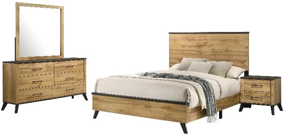 Pemberly Row 4-Piece Wood Full Bedroom Set, Natural Pine and Brown Finish, Mid-Century Modern Design, Includes Bed, Nightstand, Dresser, and Mirror, Durable Engineered Wood, Rustic Furniture for