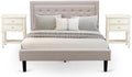 East West Furniture FN08Q-2VL0C 3-Piece Platform Bedroom Set with 1 Queen Size Bed Frame and 2 Small End Tables - Reliable and Durable Manufacturing - Mist Beige Linen Fabric