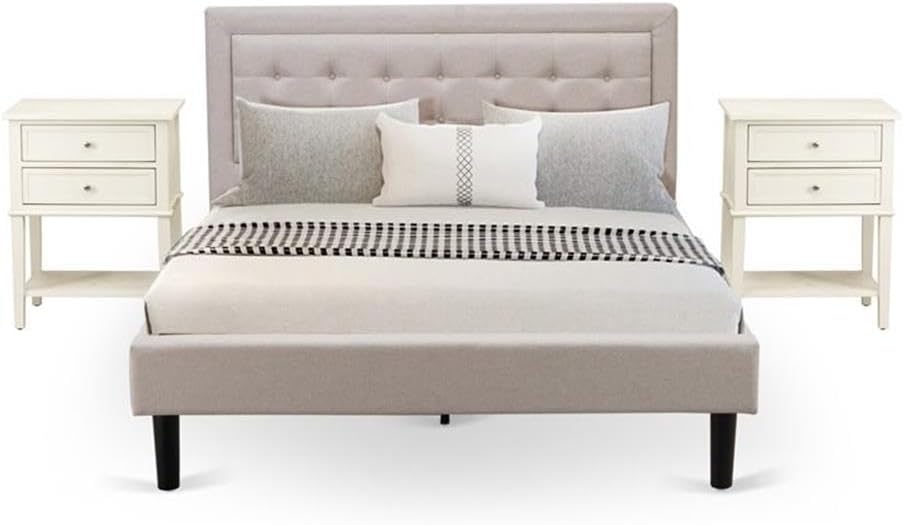East West Furniture FN08Q-2VL0C 3-Piece Platform Bedroom Set with 1 Queen Size Bed Frame and 2 Small End Tables - Reliable and Durable Manufacturing - Mist Beige Linen Fabric