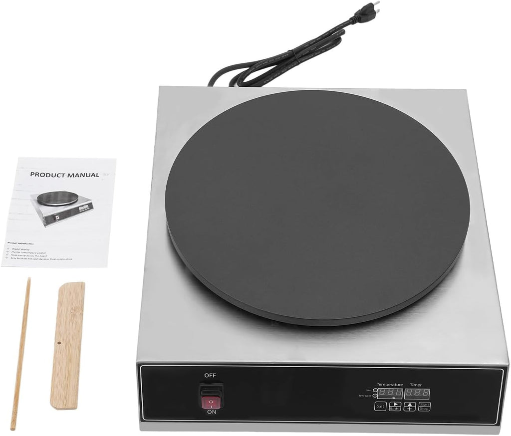 1650W Electric Crepe Maker, 15.74Inch Pancake Making Machine wiith Digital Display, Stainless Steel Non-Stick Round Crepe Griddle with Temp Control