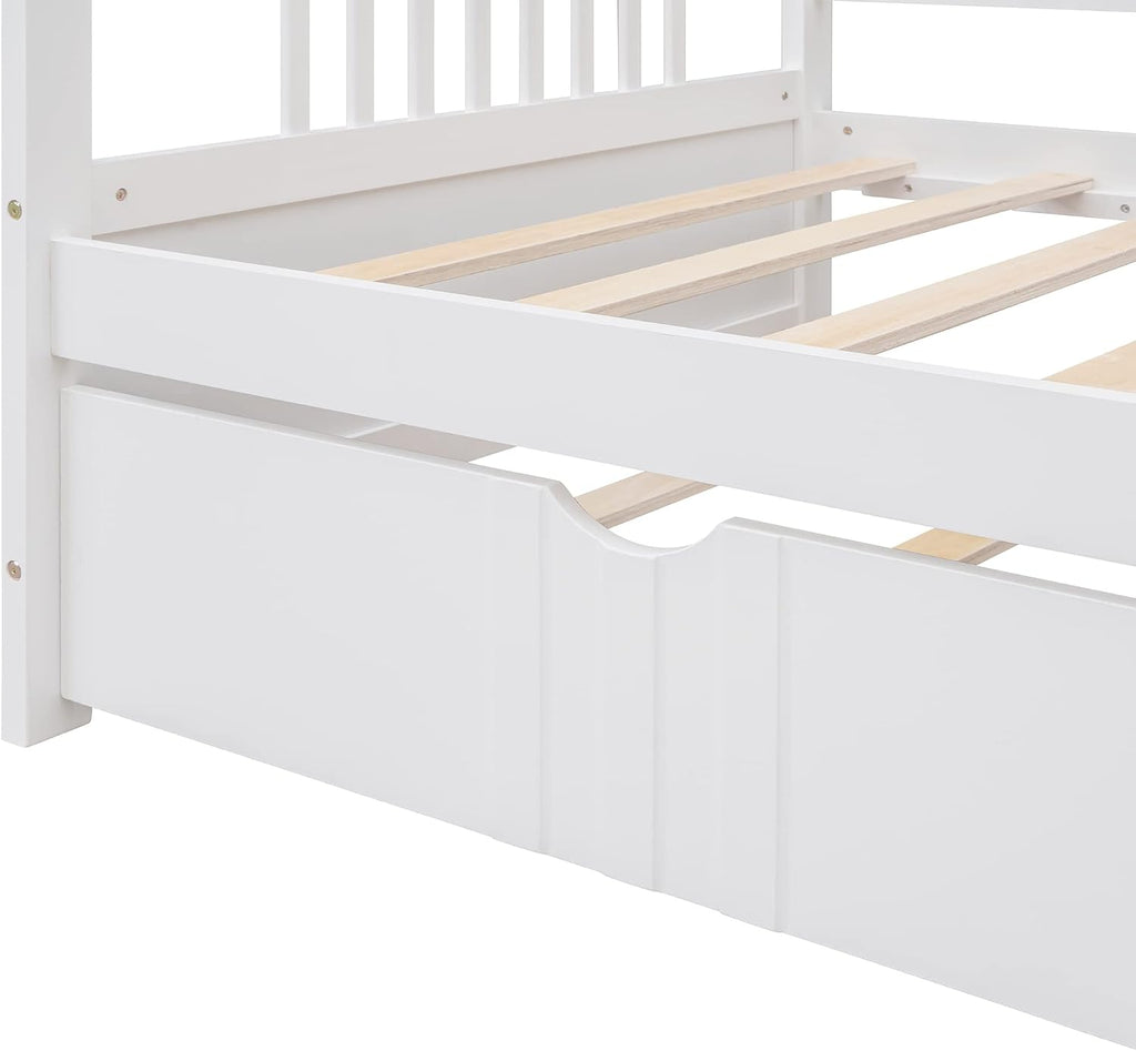 Merax Daybed with Trundle Bed Wooden Slats Support Modern Living Daybed with Rails, Twin Size, White