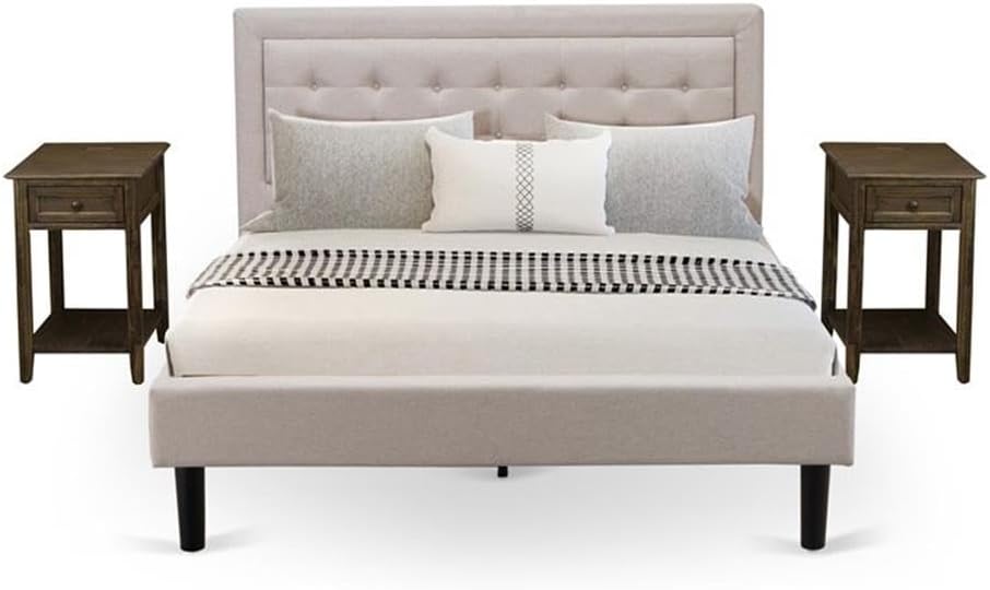 East West Furniture FN08Q-2DE07 3-Piece Platform Queen Bed Set Furniture with 1 Platform Bed and 2 End Tables - Reliable and Sturdy Construction - Mist Beige Linen Fabric