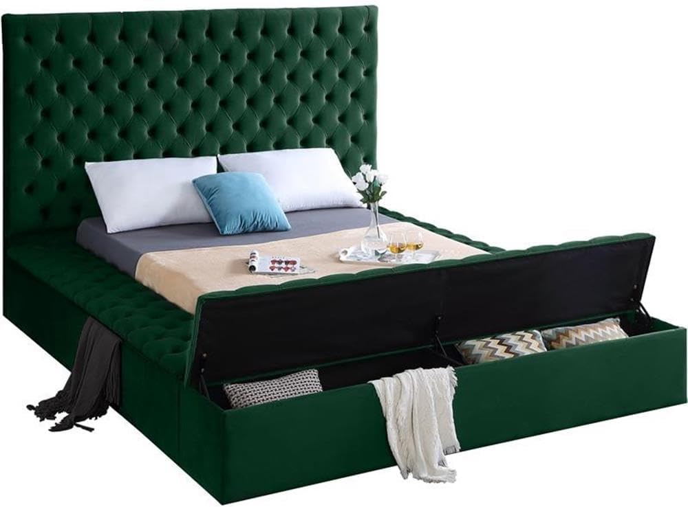 Meridian Furniture Bliss Collection Modern | Contemporary Velvet Upholstered Bed with Deep Button Tufting and Storage Compartments in Rails and Footboard, Green, Queen