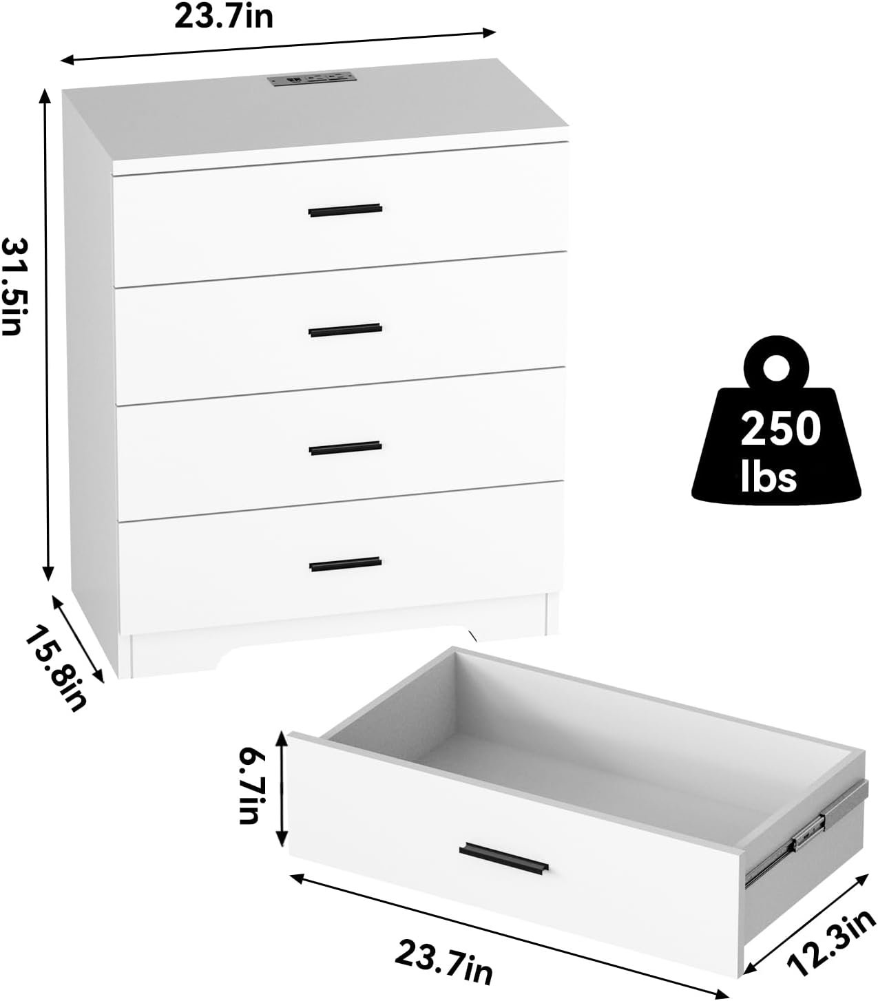 FJTJBSI Dresser with Power Outlets Wooden 4 Drawer Dresser with USB and Type C Port Chest of Drawers for Bedroom Tall White Organizer Storage for Living Room Hallway Closet