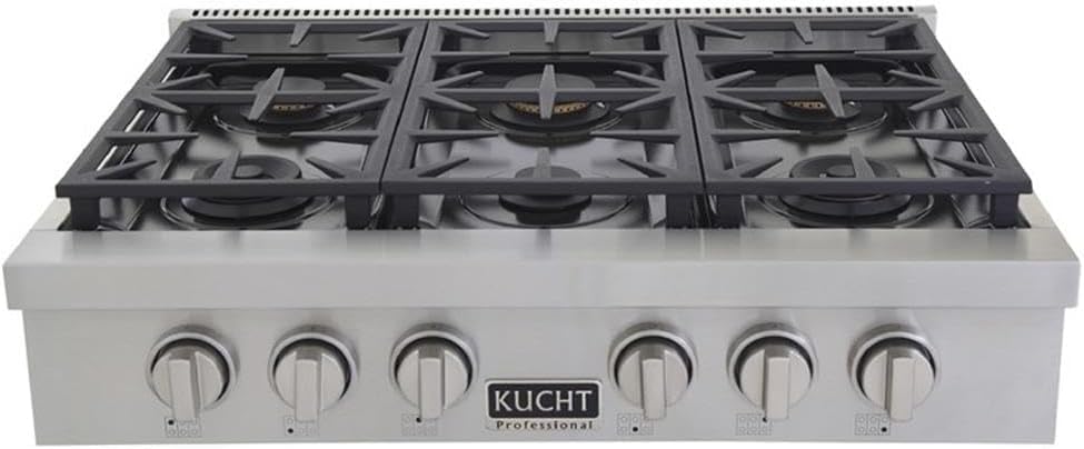 Pemberly Row 36' Natural Gas Range Top, Stainless Steel, Classic Silver Knobs, 6 Burners w/Auto Reignition, Cast-Iron Grates, Built-in Grill/Griddle, High-Powered Cooktop for Home Kitchens