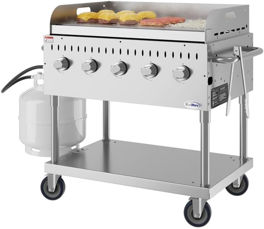 Pemberly Row 36-Inch Stainless Steel Commercial Gas Grill with Griddle, 5-Burner Propane BBQ, 688 Sq. In. Cooking Area, Durable Carbon Steel Griddle Plate, Mobile Design for Outdoor Cooking