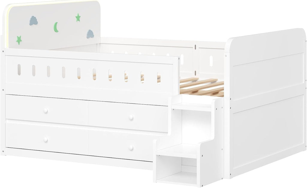 VilroCaz Full Size Platform Bed with Guardrail and 4 Drawers, Wooden Kids Platform Bed Frame with Two-Step Staircases and Light Strip for Boys Girls, Sturdy Slats Support (White-11A)