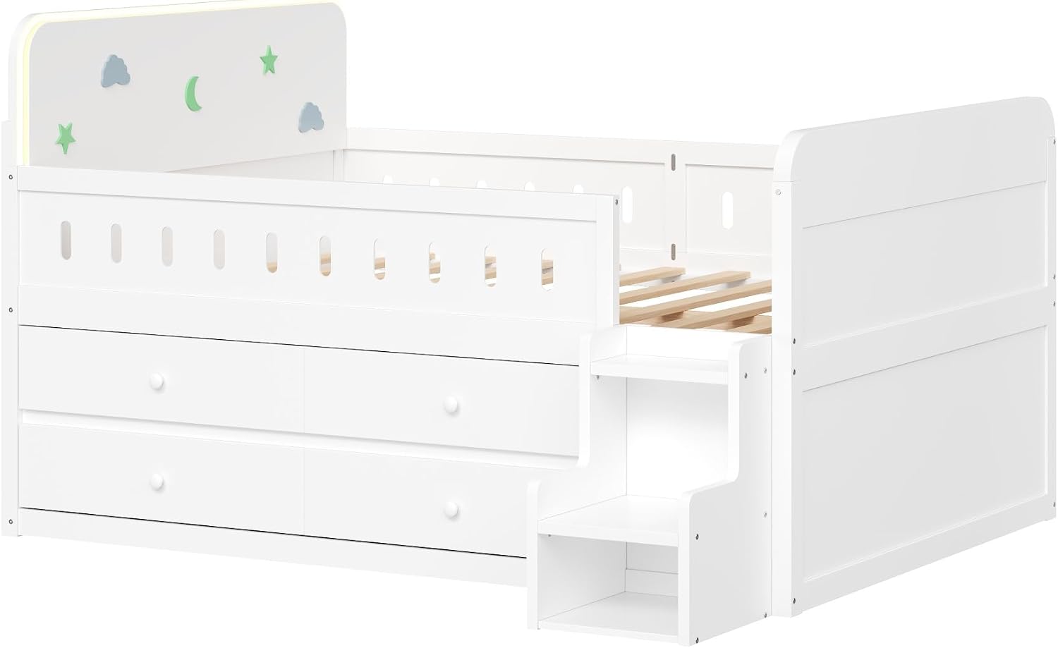 VilroCaz Full Size Platform Bed with Guardrail and 4 Drawers, Wooden Kids Platform Bed Frame with Two-Step Staircases and Light Strip for Boys Girls, Sturdy Slats Support (White-11A)
