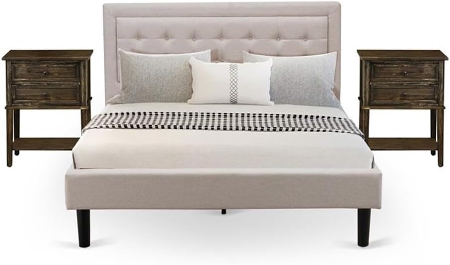 East West Furniture FN08Q-2VL07 3-Piece Fannin Bed Set with 1 Wingback Bed and 2 Small Nightstands - Reliable and Sturdy Manufacturing - Mist Beige Linen Fabric